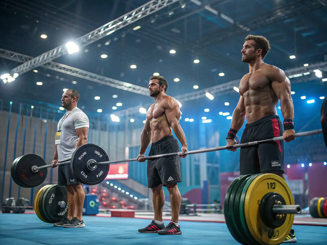 A group of BODY WORK LESTREM members participating in a weightlifting session, showcasing proper form and technique under the guidance of a trainer.