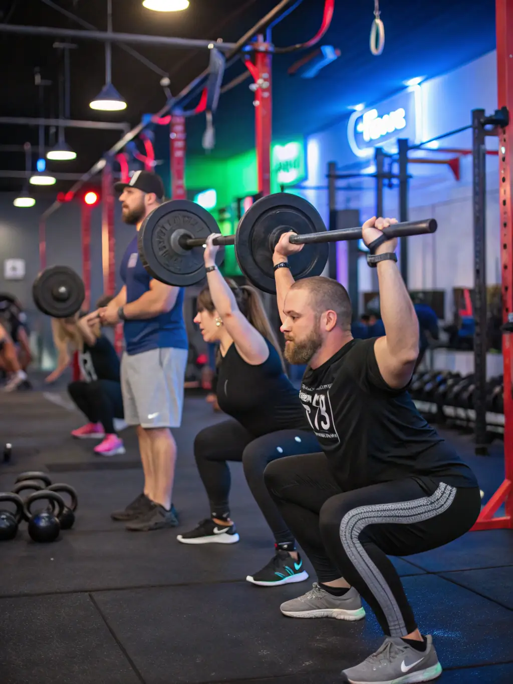 A group of members participating in a weightlifting session at BODY WORK LESTREM, showcasing their dedication and teamwork.
