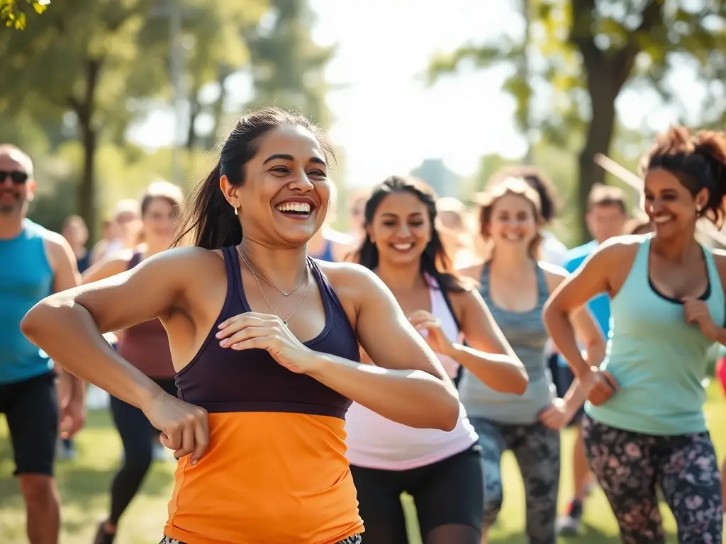 A diverse group of BODY WORK LESTREM members participating in a community fitness event, promoting inclusivity and engagement.