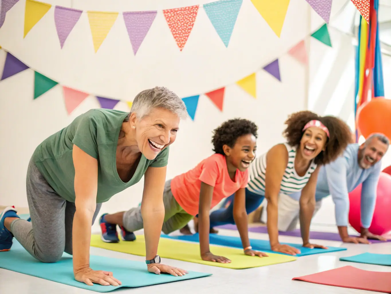 A diverse group of BODY WORK LESTREM members engaging in a community fitness event, promoting inclusivity and camaraderie.