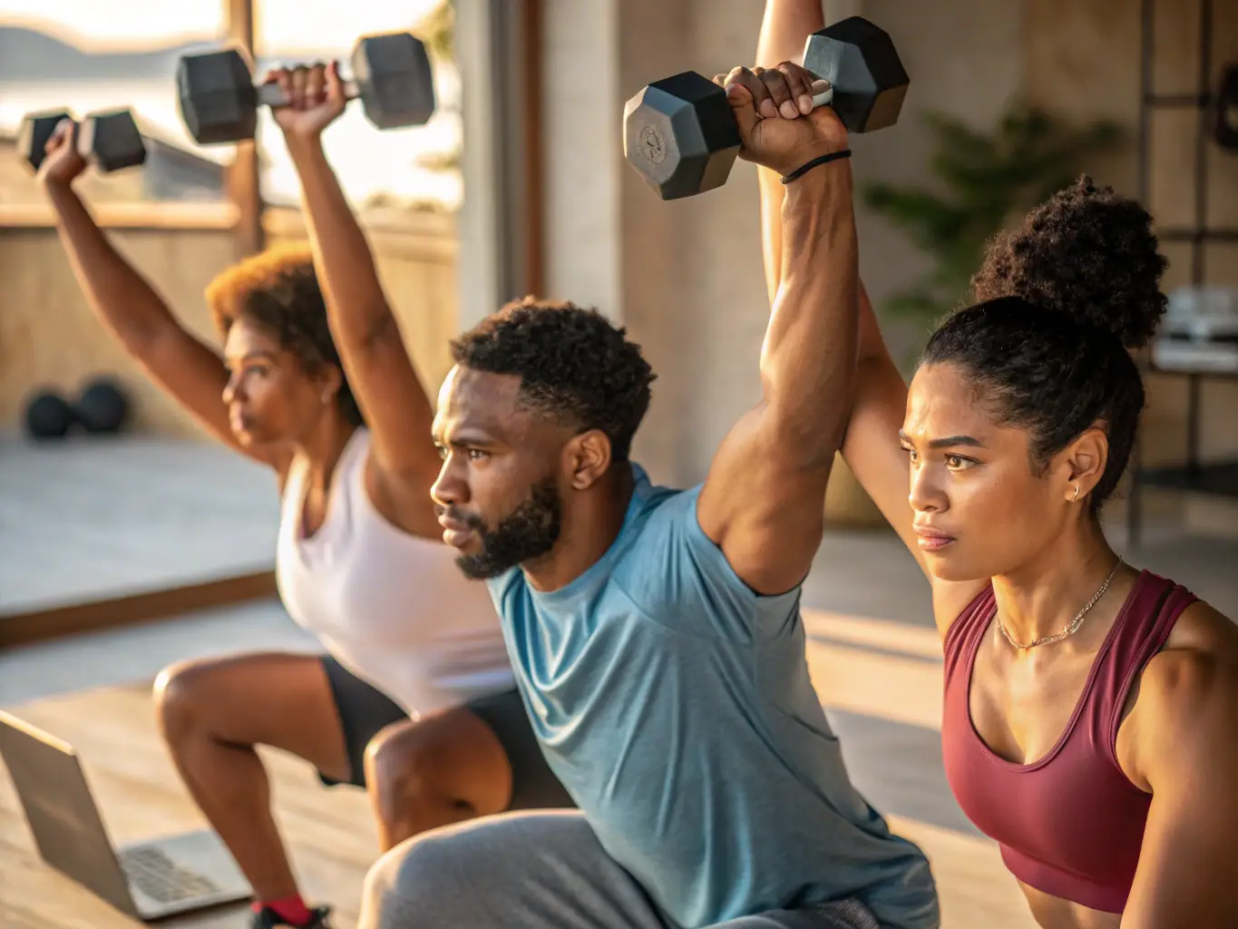A group of BODY WORK LESTREM members participating in a weightlifting session, showcasing proper form and technique under the guidance of a trainer.