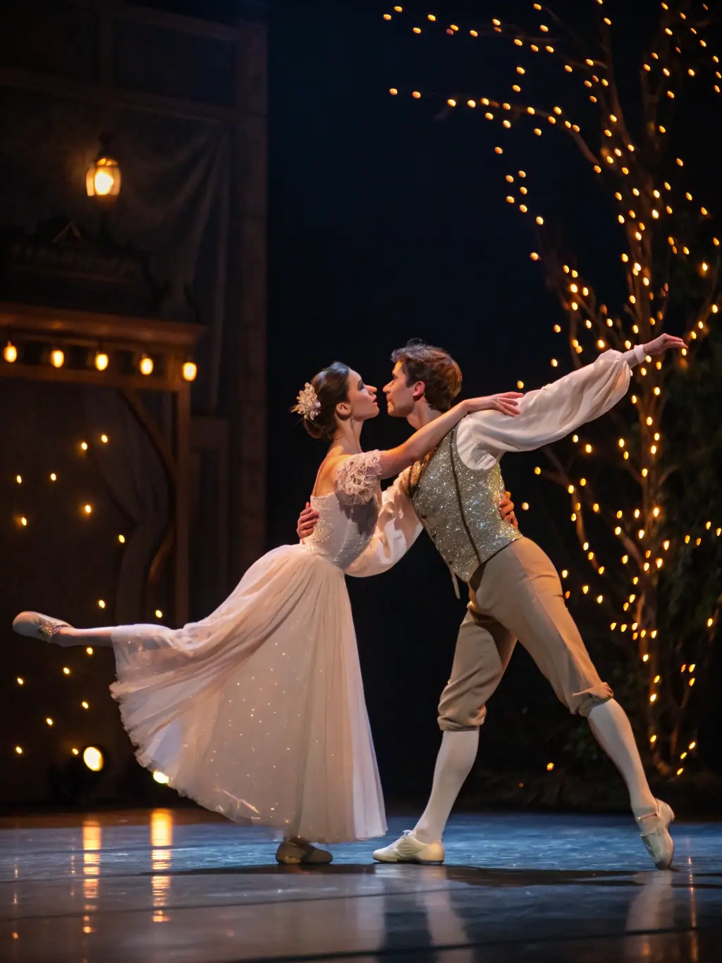 A couple gracefully performing the Tango in a dimly lit ballroom, showcasing its passionate and dramatic movements.