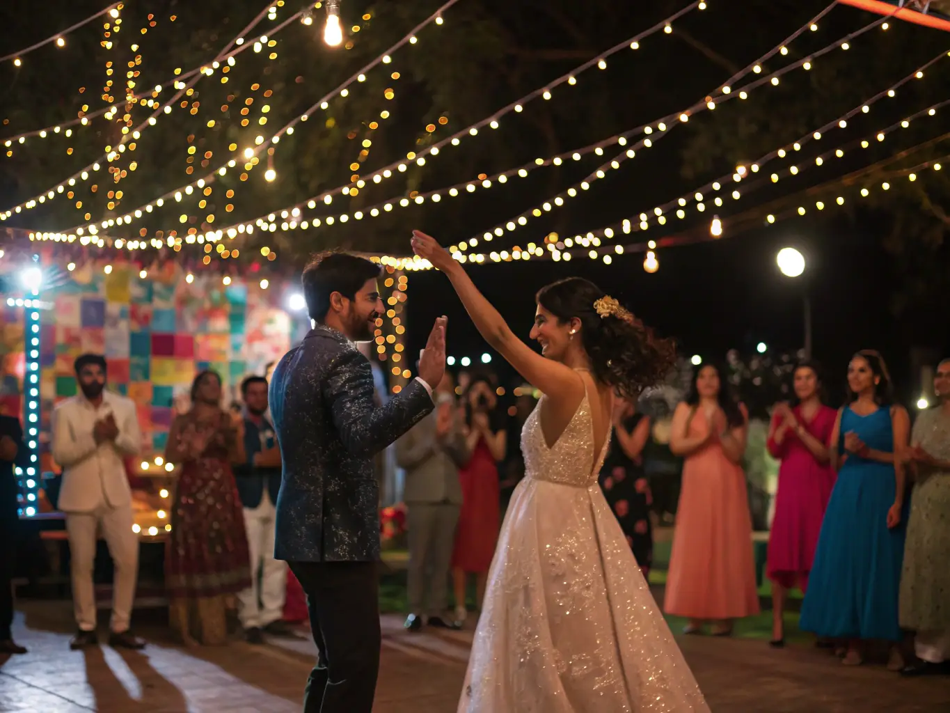 A lively scene from a social dance event, with couples dancing to upbeat music in a decorated hall. People are smiling and interacting, creating a sense of community and fun.