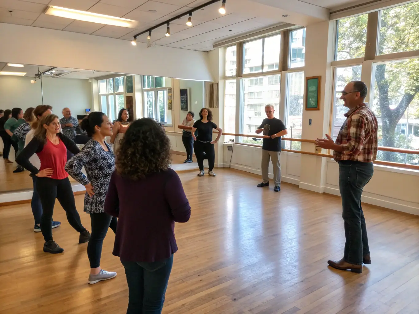 A group of people of different ages and skill levels learning the waltz in a brightly lit dance studio, with an instructor guiding them through the steps. The atmosphere is friendly and encouraging.