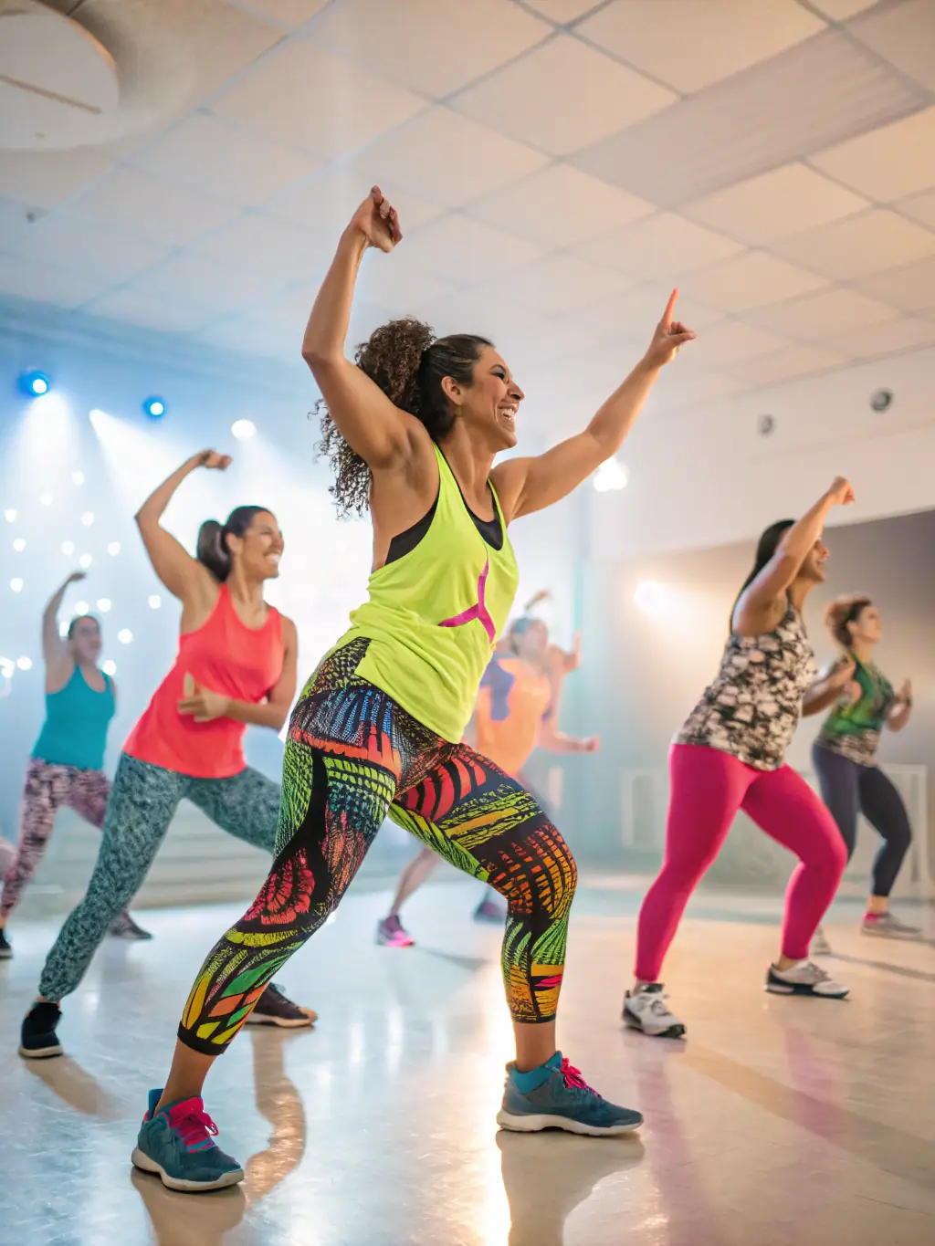 A diverse group of people participating in a Zumba class, moving to the rhythm of upbeat music and following the instructor's lead.