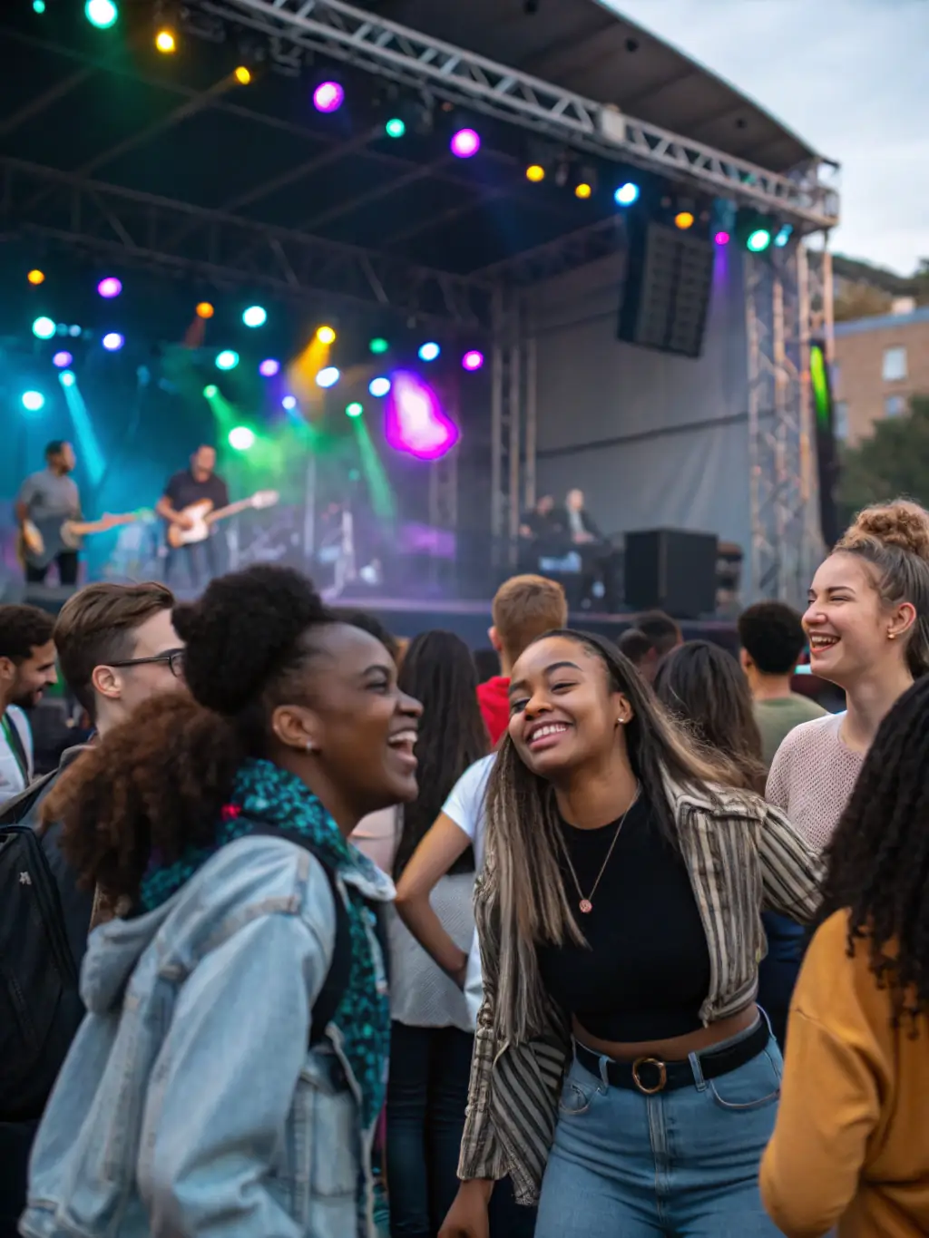A lively group of dancers enjoying a social dance event, with music playing and people laughing and interacting.