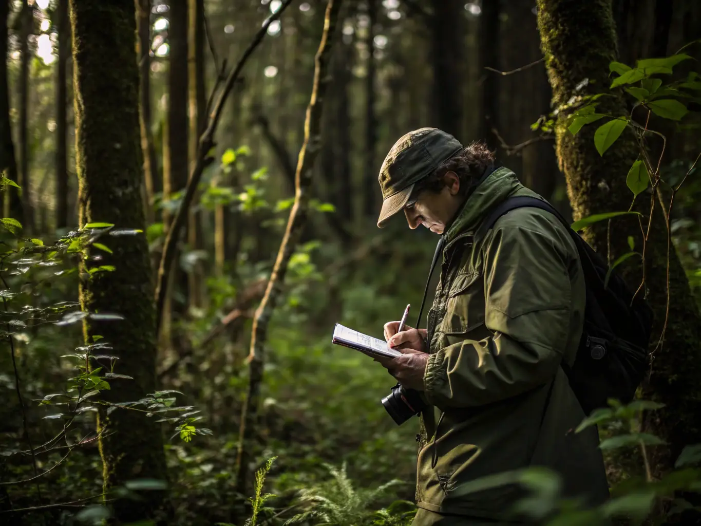 A field officer inspecting a protected area with monitoring equipment, with a focus on ecological features, representing SOC's Monitoring and Authorization Oversight program.