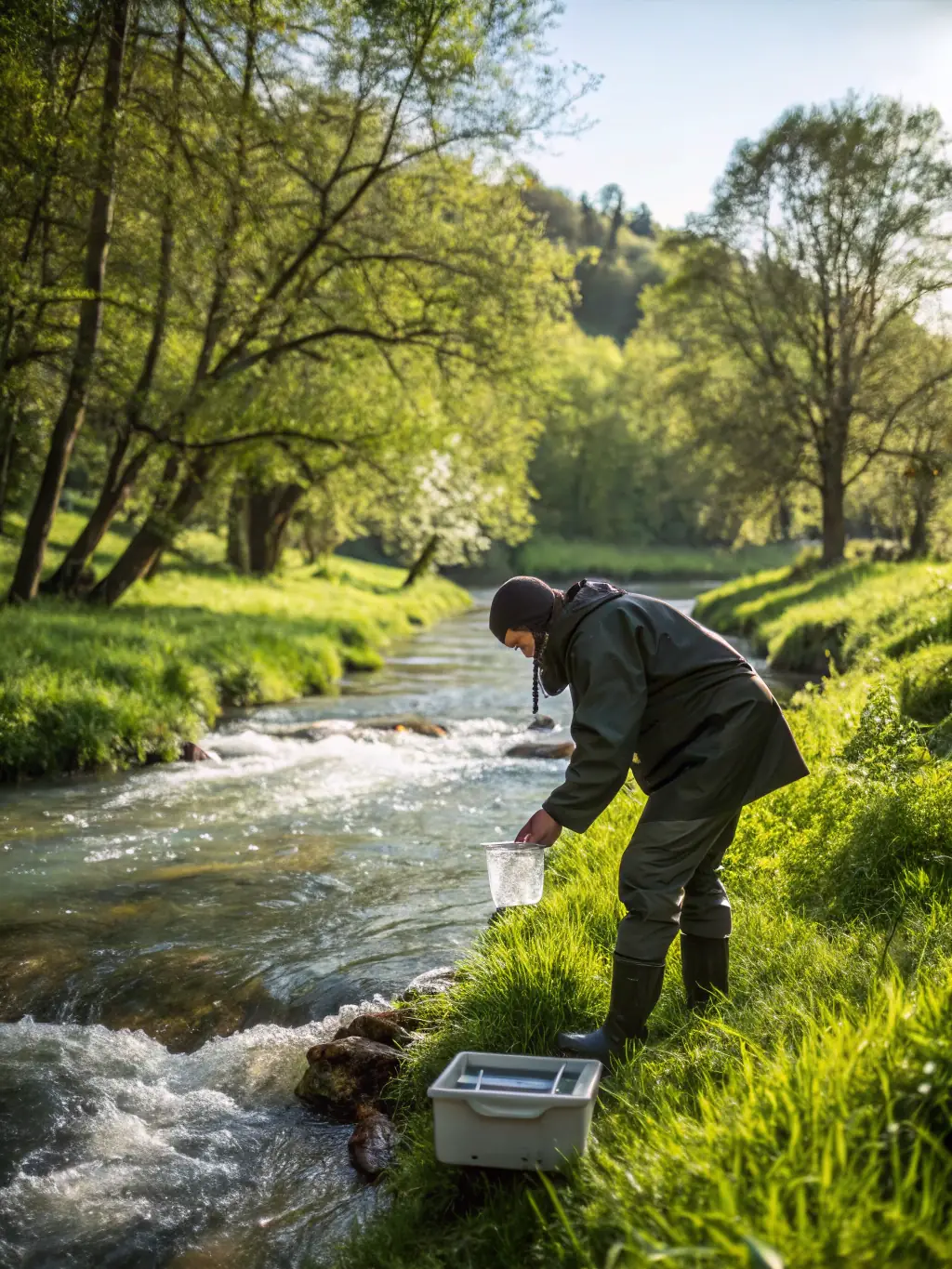 A vigilant field officer using monitoring equipment in a protected wetland area, symbolizing SOC's commitment to monitoring administrative authorizations.