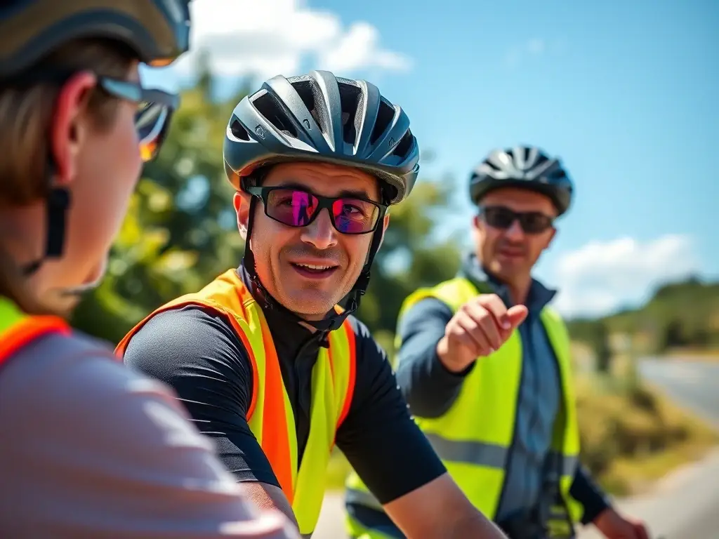 An image depicting a cyclist receiving safety instructions and gear check from a CYCLO-CLUB SAVERDUNOIS instructor, emphasizing the club's focus on safe cycling practices and providing guidance to members.