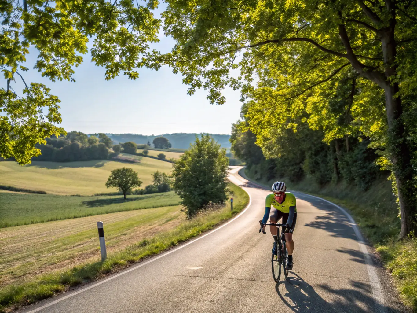 A group of cyclists riding through lush countryside with scenic views and historical landmarks in the background, representing the Cyclotourism Tours offered by CYCLO-CLUB SAVERDUNOIS.