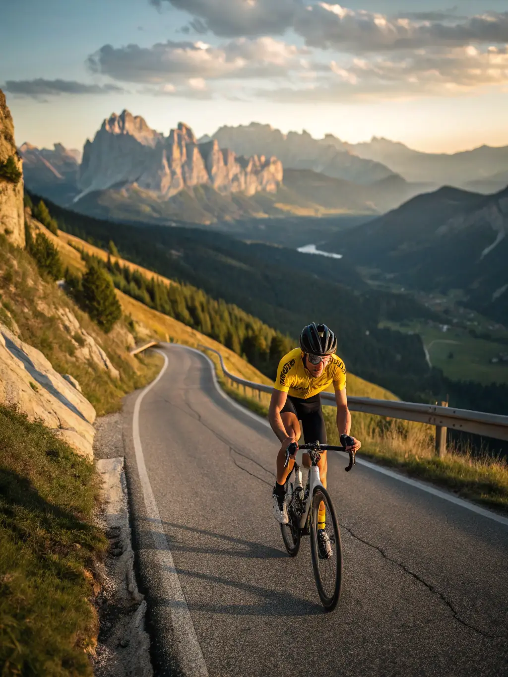 Cyclists riding uphill through a scenic mountain pass, emphasizing the physical challenge and rewarding views of cyclotourism.